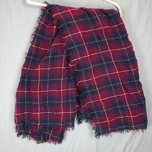 Francesca's Tartan Plaid Fringe Scarf Red Navy Yellow Lightweight Oblong 50x47